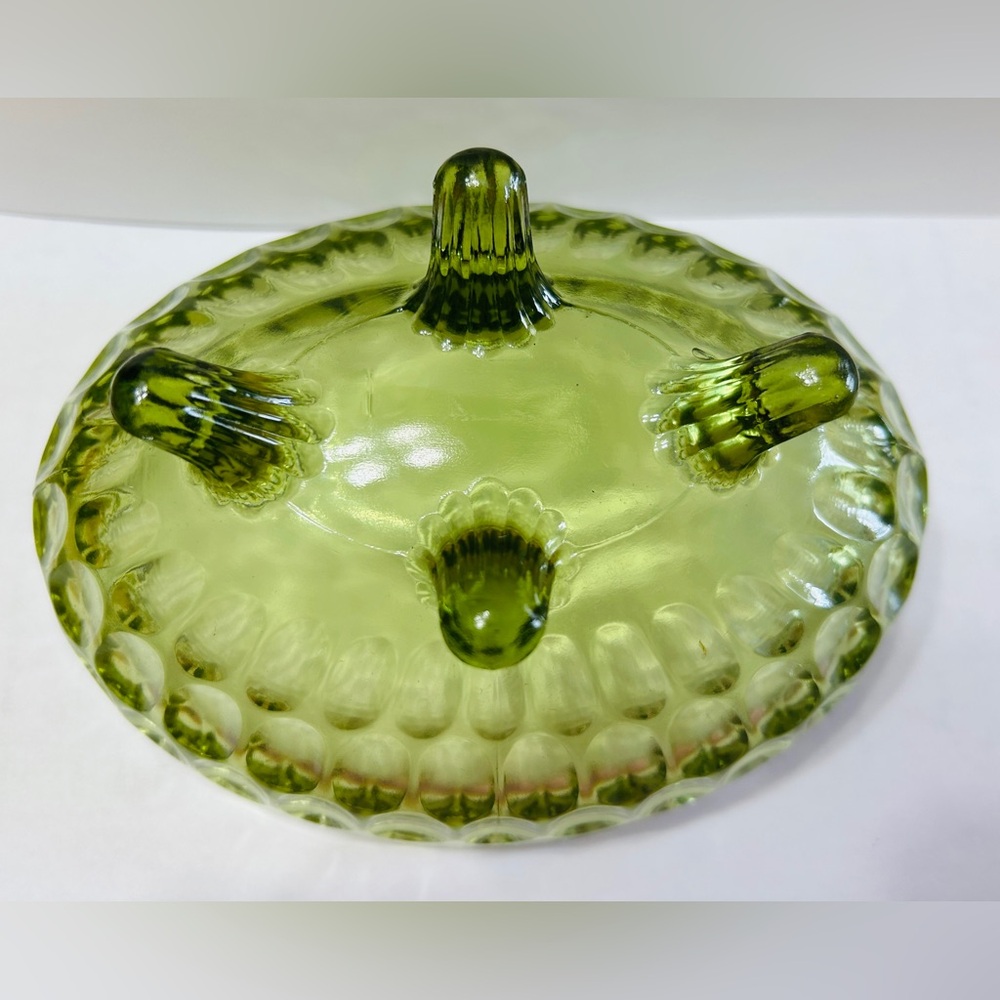 Fenton candy dish, vintage, green thumbprint with scalloped edges, footed. - Picture 2 of 4